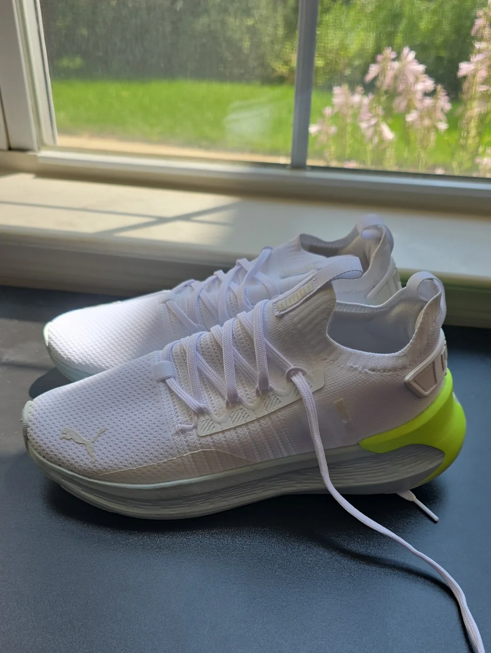Puma White Sock-Style Sneakers with Neon Yellow Heel